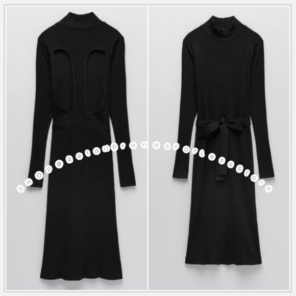 ZARA BLACK OPEN BACK RIBBED KNIT BANDAGE  BELTED MIDI MAXI DRESS - Picture 1 of 7